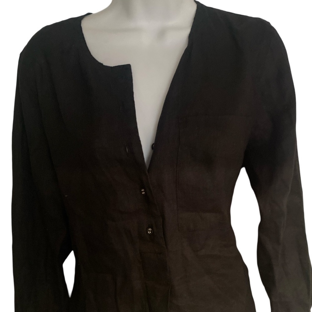 Elle Tahari Linen Shirt - M black linen  collarless , button front - Picture 2 of 5